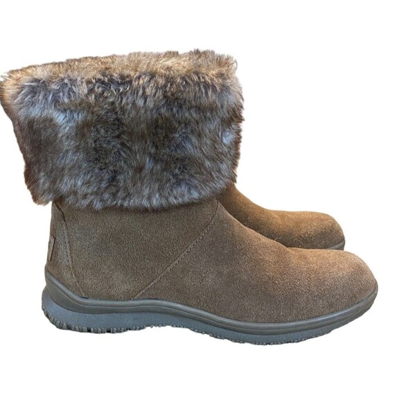 Minnetonka Ankle Winter Boots Women's Size 8 Brown Suede Faux Fur Trim Comfort - Picture 1 of 16